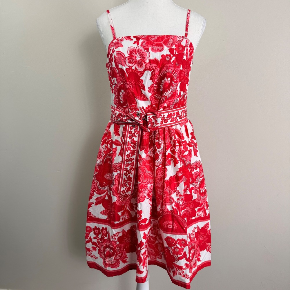 Red and White Floral Tropical Print Fit and Flare Sundress with Belt and Pockets